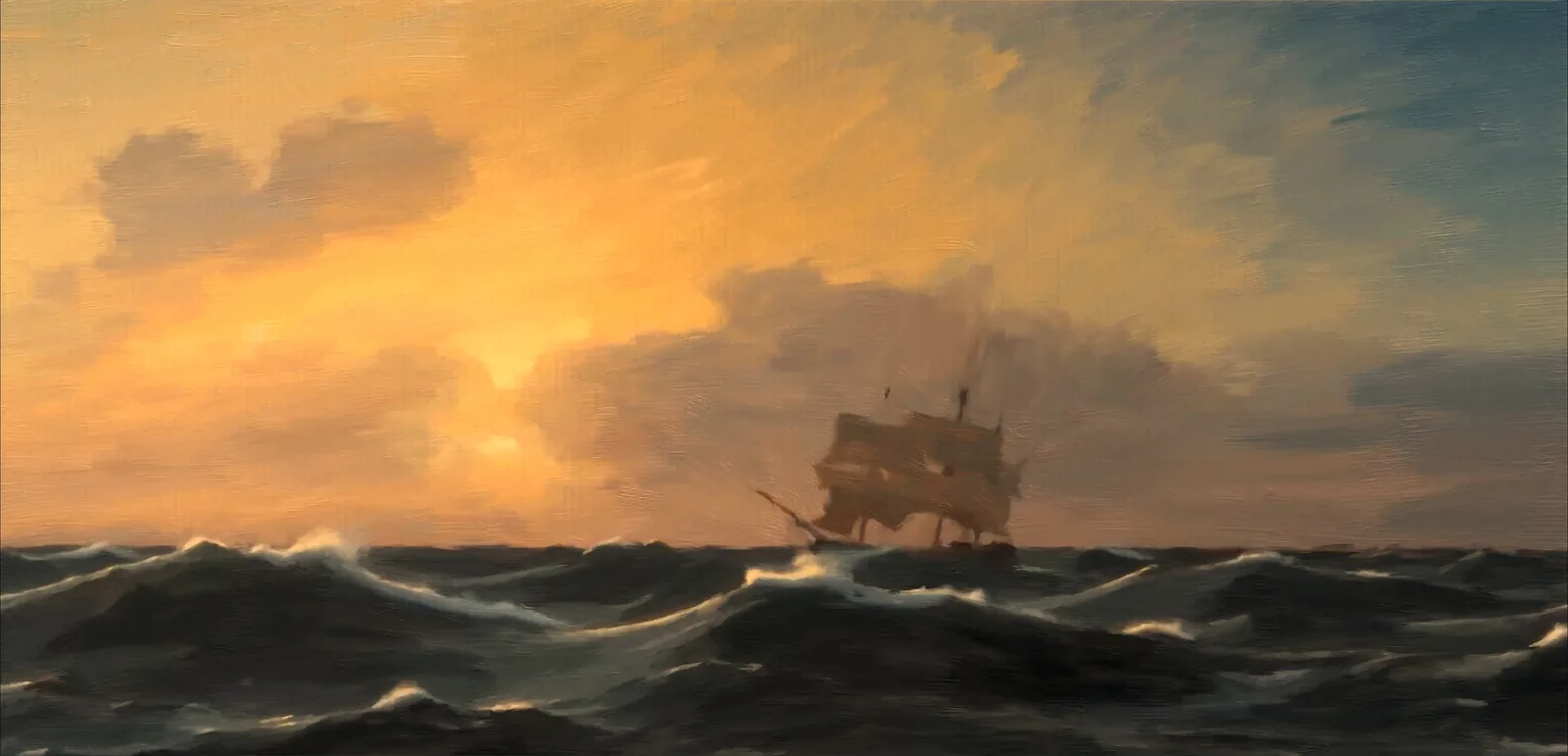 Segelschiff auf stürmischer See im Abendlicht